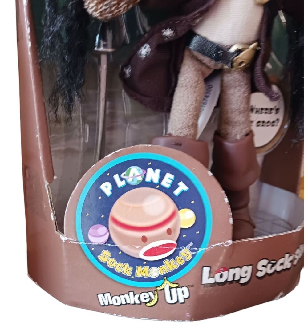 Vtg 2013 Long Sock Silver Planet Sock Monkey Pirate Toy w/ Sword & Hook Boxed - Picture 6 of 7